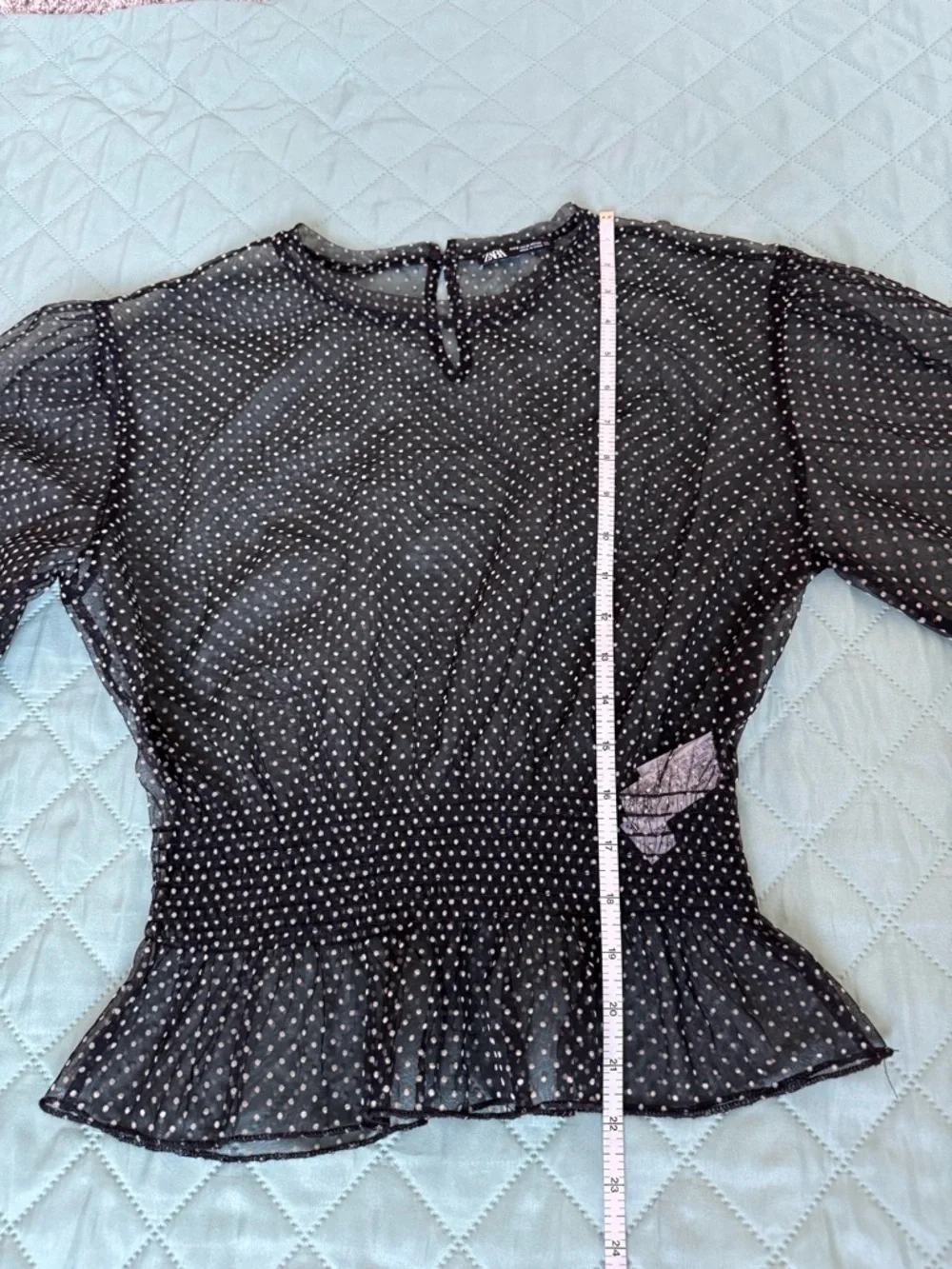 Zara Sheer Polka Dot Mesh Blouse Black Sheer Top Smocked Waist Size S